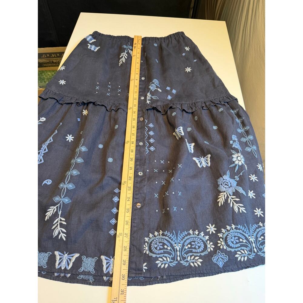 JOHNNY WAS Nico Ruffle Tiered Midi Skirt Womens XS Blue Linen Embroidered Boho - Picture 13 of 13
